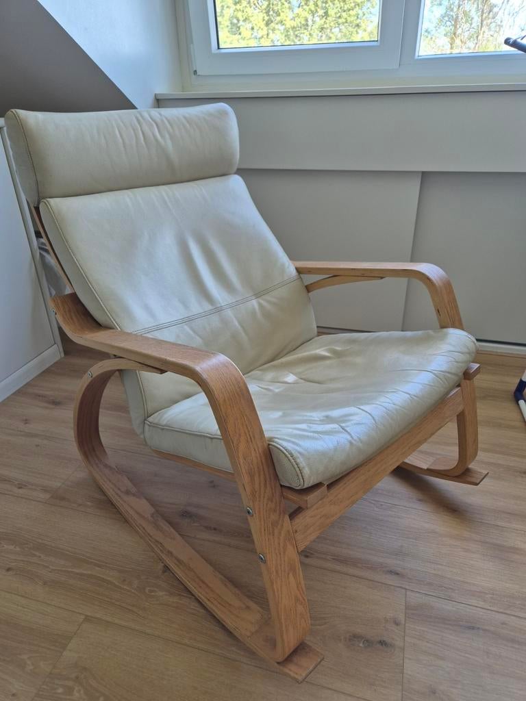 Ikea Poäng schommelstoel met leren kussen, Ophalen, Gebruikt, Overige kleuren, Modern, Scandinavisch
