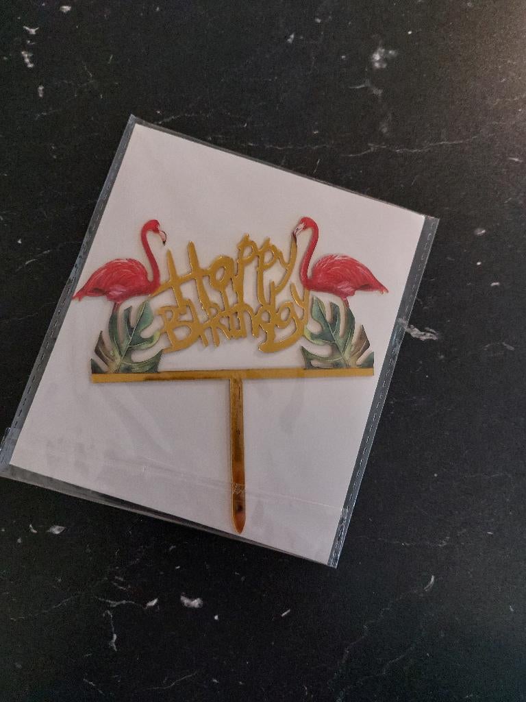 Taart topper flamingo Happy Birthday goud nieuw., Ophalen of Verzenden, Nieuw, Taarten, Versiering