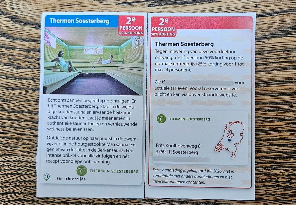 Thermen Soesterberg. 2e persoon 50% korting., Tickets en Kaartjes, Kortingen en Cadeaubonnen