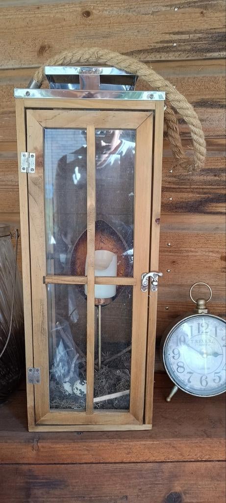 Groot houten windlicht met touw handvat 50x18 cm, Gebruikt, Ophalen of Verzenden, Kandelaar, Hout