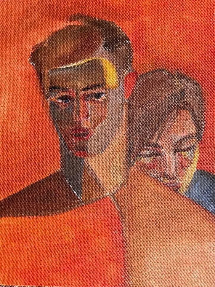 Schilderij van twee personen titel “ broad shoulders”, Antiek en Kunst, Kunst | Schilderijen | Modern, Ophalen of Verzenden