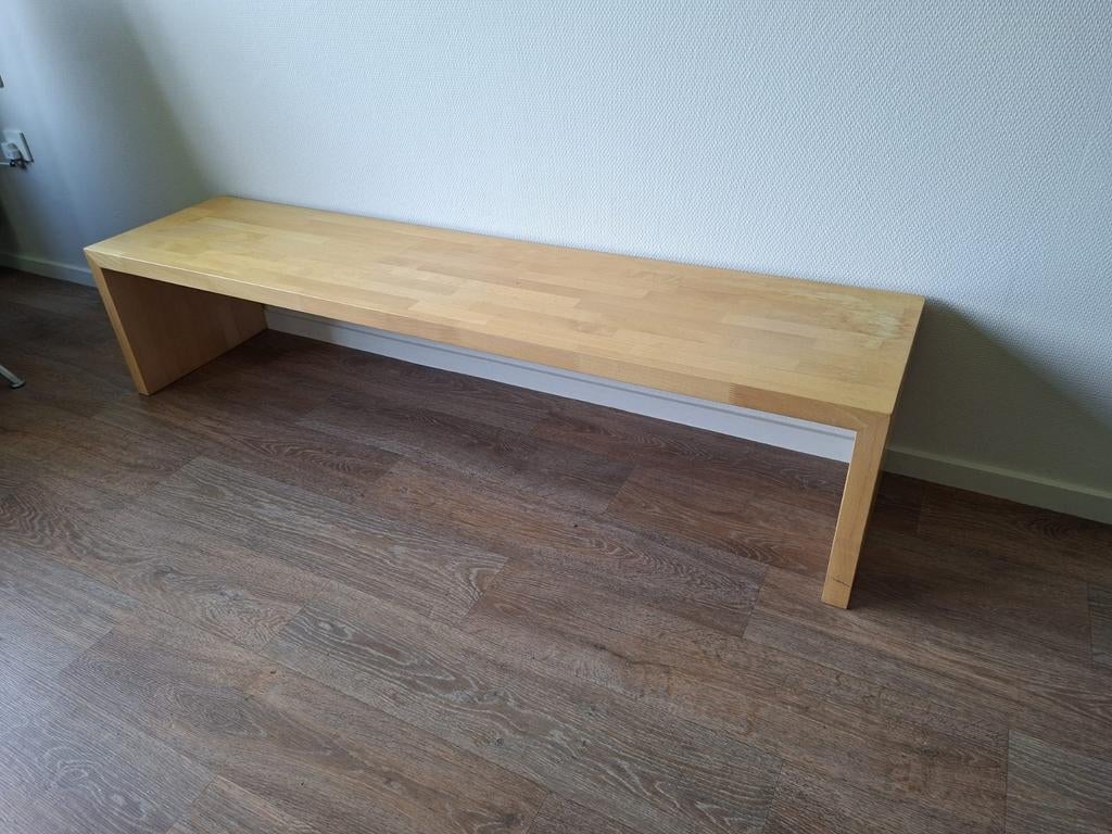 Leuk massief bankje bank hout sidetable, Ophalen, Gebruikt, 100 tot 150 cm, Modern
