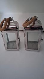 Set van 2 RVS lantaarns met touw handvat windlicht, Ophalen of Verzenden, Zo goed als nieuw, Modern, Rustiek, Industrieel