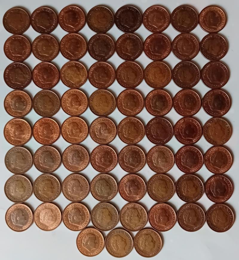 66 Stuks bronzen stuivers muntjes juliana 1979, Ophalen of Verzenden, Koningin Juliana, 5 cent, Setje