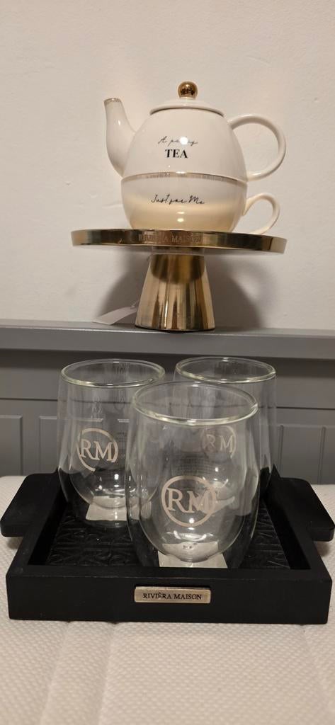 Riviera Maison set.cake stand, tea for one, glazen, dienblad, Ophalen of Verzenden, Nieuw, Rond, Overige materialen