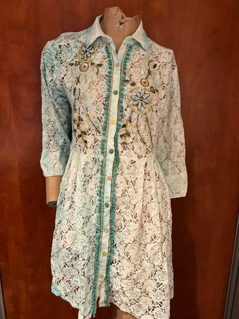 ANTICA SARTORIA jurk van kant kralen maat M origineel zgan, Kleding | Dames, Maat 38/40 (M), Blauw, Ophalen of Verzenden, Zo goed als nieuw