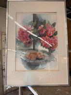 Mooi groot schilderij zeefdruk met mooie lijst in glas, Antiek en Kunst, Ophalen of Verzenden