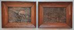 2 Antieke rood koperen voorstellingen in eikenlijstjes, Ophalen of Verzenden, Gebruikt