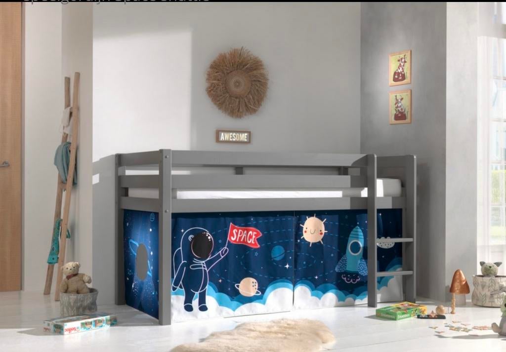PINO Hoogslaper Grijs met Space Shuttle Speelgordijn, Ophalen of Verzenden, Zo goed als nieuw, Hoogslaper