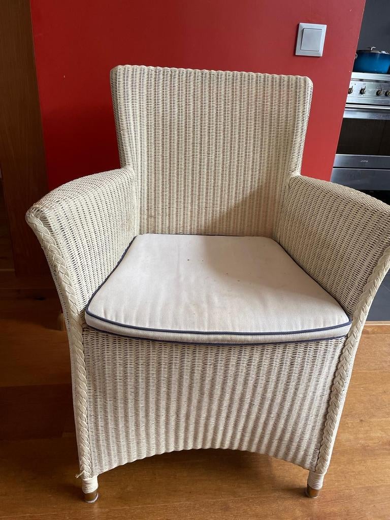 6 Lloyd Loom rotan eetkamerstoelen: 2 wit, 2 beige, 2 blauw, Ophalen, Gebruikt, Overige kleuren, Riet of Rotan