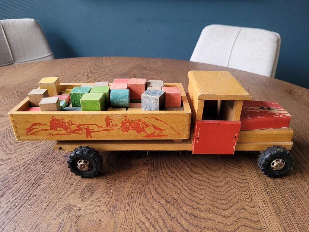 Vintage houten vrachtwagen met blokken Nooitgedagt, Ophalen of Verzenden