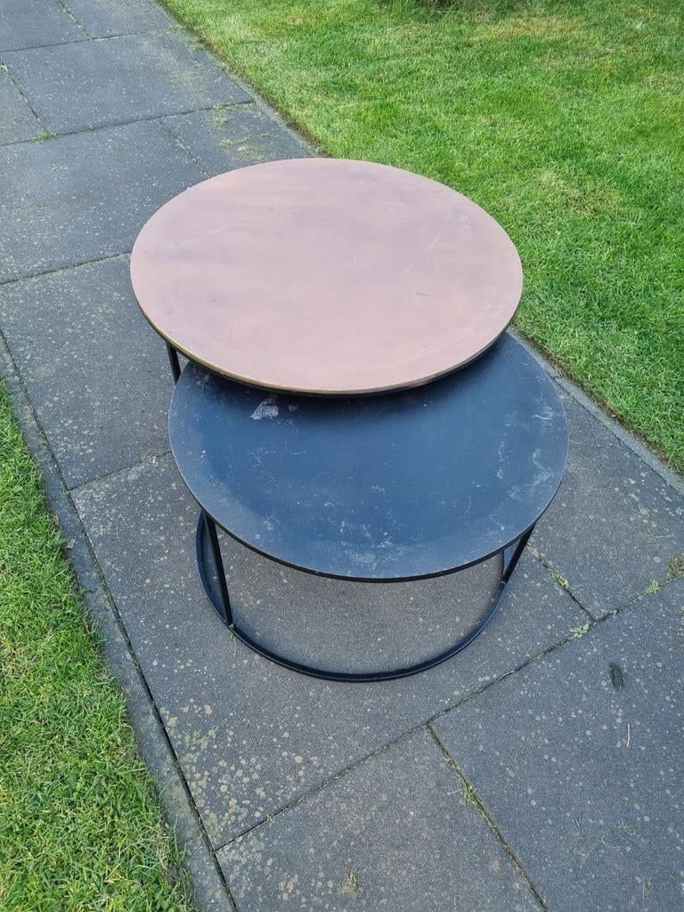 Salontafels brons met zwart blad, Ophalen of Verzenden, Gebruikt, Rond, Metaal