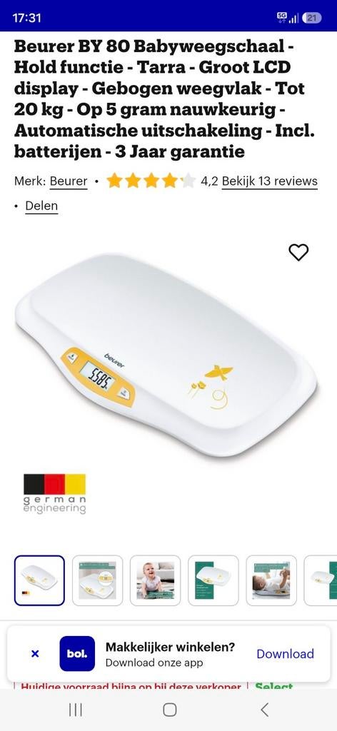 Beurer BY 80 Babyweegschaal, Ophalen of Verzenden