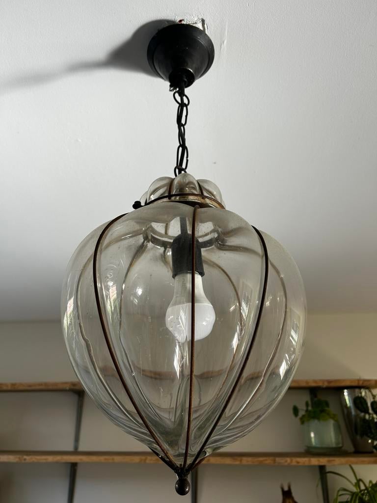 Hanlamp glas en staal, Ophalen, Zo goed als nieuw, Glas, Minder dan 50 cm