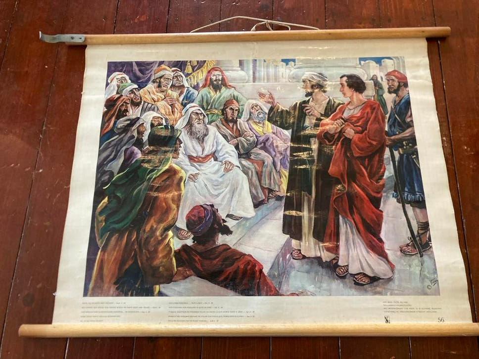 Vintage Bijbelse Schoolplaat: Petrus en Johannes, Antiek en Kunst, Antiek | Schoolplaten, Ophalen, Overige thema's