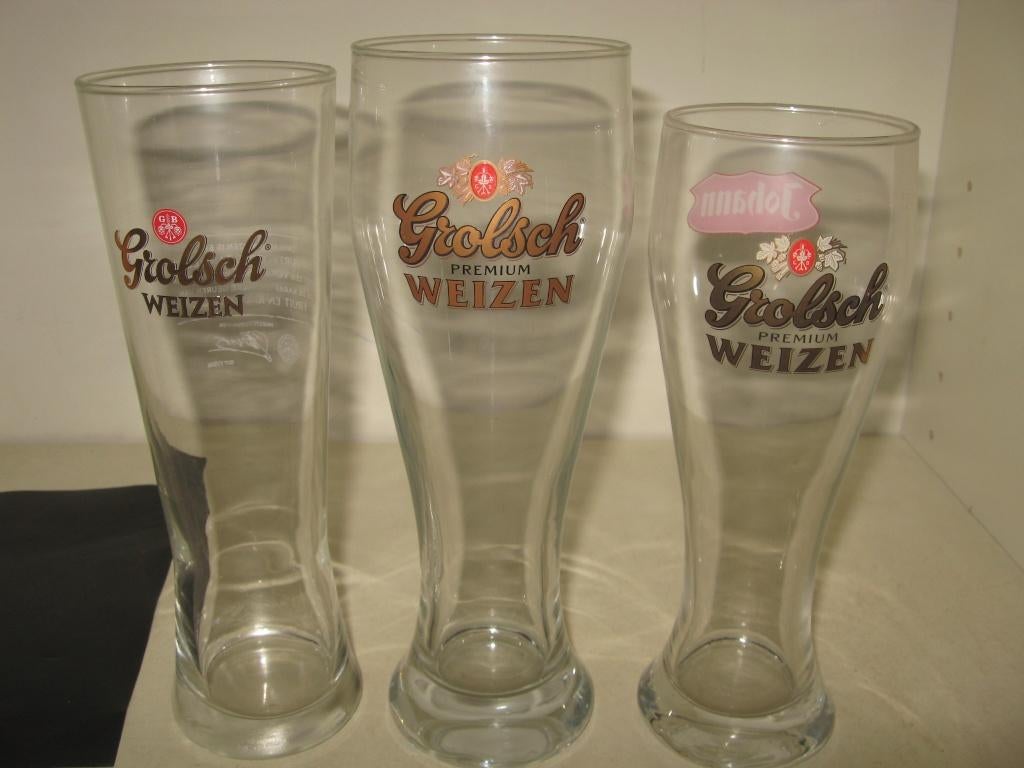 3 Grote Grolsch Weizen bierglazen met opdruk & Johann, Ophalen of Verzenden, Zo goed als nieuw, Glas of Glazen, Grolsch