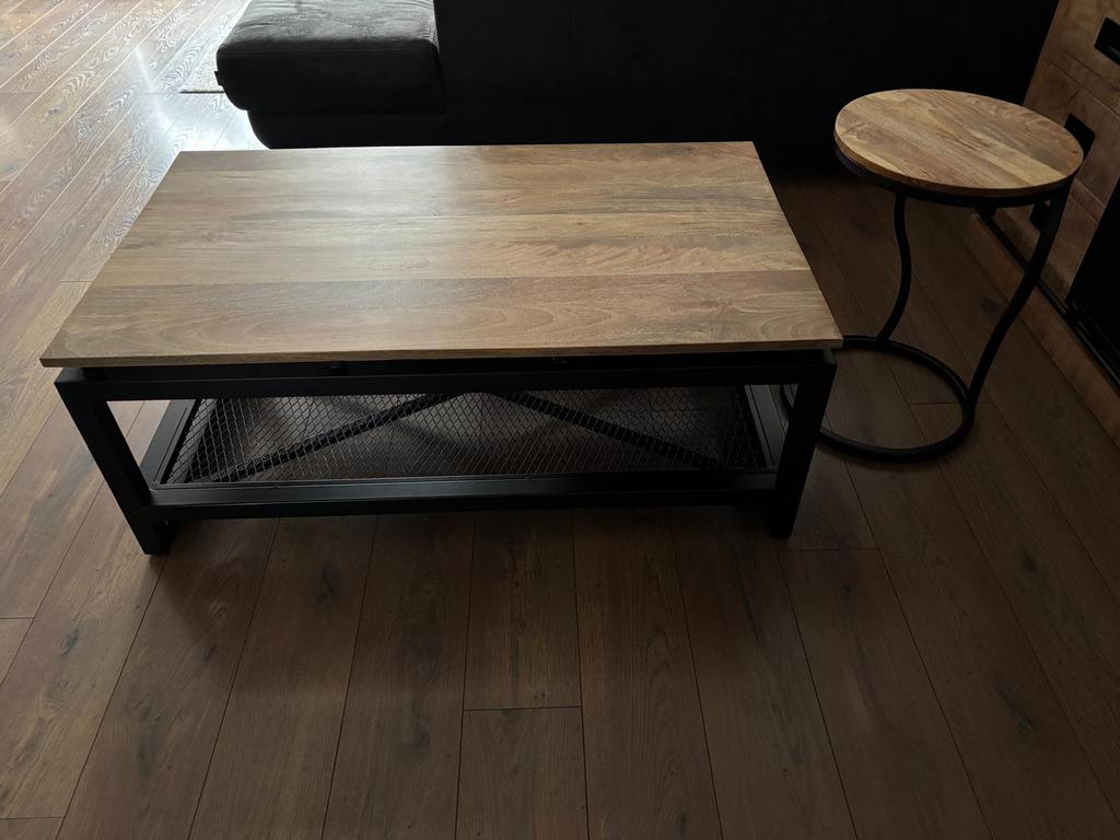 Mooie mango salontafel met bijzettafeltje, 50 tot 100 cm, Rond, Ophalen of Verzenden, Zo goed als nieuw