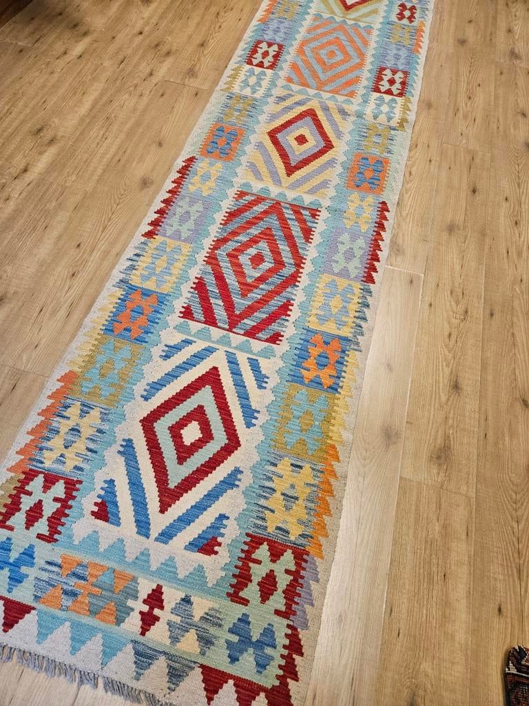 Handgeweven oosterse wollen kelim loper 400x80, Info@SlatsAntiek.nl, Crème, Vof Slats Antiek, Kelim