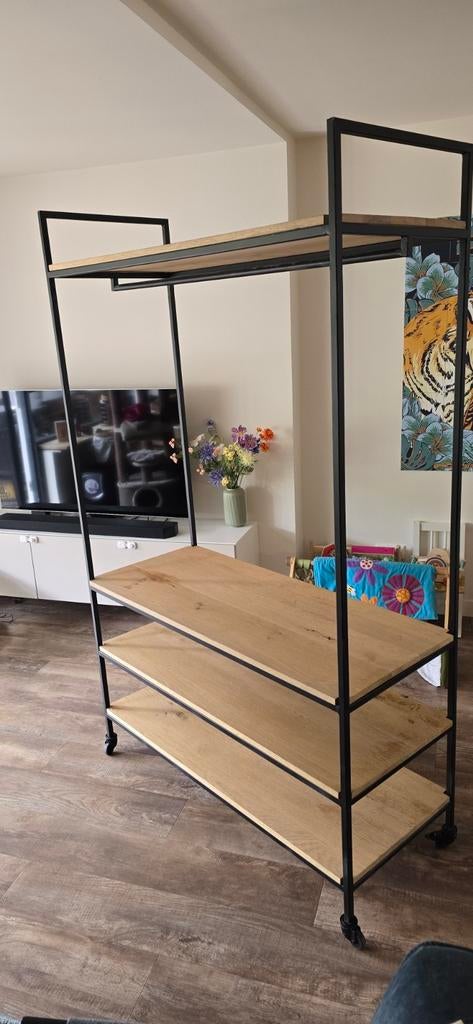 Garderobe kast op wieltjes Staal / eikenhout, Ophalen, Gebruikt, 200 cm of meer, Eikenhout