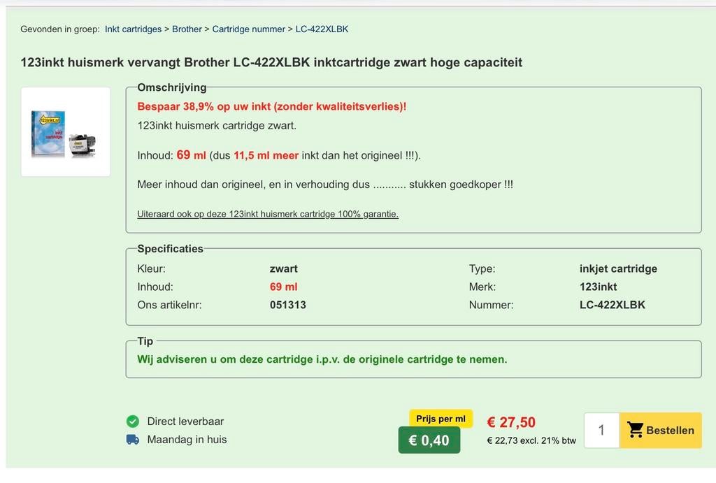 Nieuwe 123inkt LC-422XLBK inktcartridge zwart hoge capacitei, Ophalen of Verzenden, Nieuw