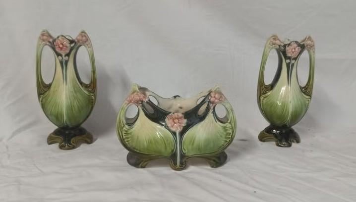 Jugend Majolica Vazen Set - 19e/20e Eeuw, Antiek en Kunst, Antiek | Keramiek en Aardewerk, Ophalen of Verzenden