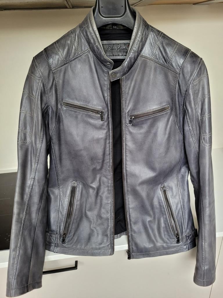 Grey Leather Jacket – Slim Fit – Size L– Very Good Condition, Ophalen of Verzenden, Zo goed als nieuw, Grijs