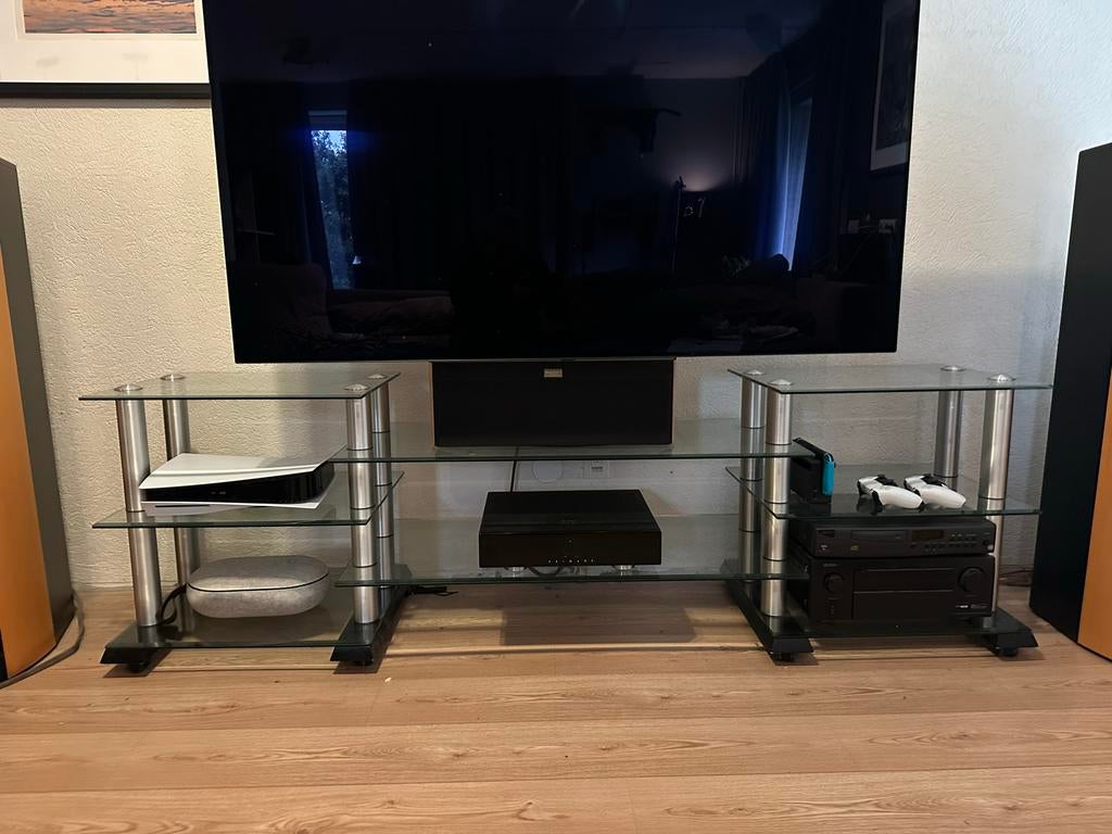 Tv meubel, stereo meubel, hifi meubel glas metaal, 100 tot 150 cm, Ophalen of Verzenden, Glas, Minder dan 100 cm