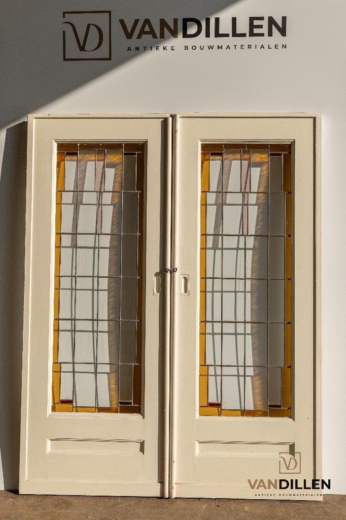 Antieke ensuite / schuifdeuren met glas in lood motief, Doe-het-zelf en Verbouw, Deuren en Horren, Ophalen, Gebruikt, 120 cm of meer