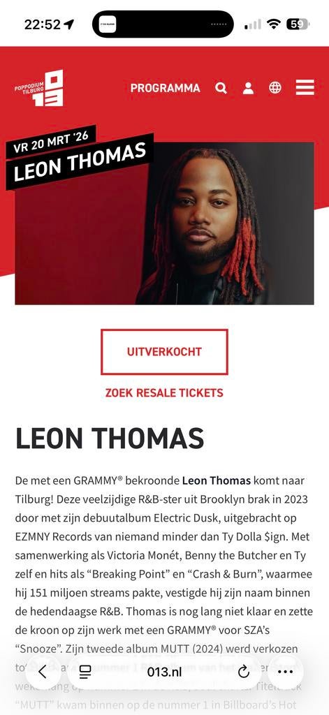 2x tickets Leon Thomas 013 Tilburg, Tickets en Kaartjes, Twee personen, Maart