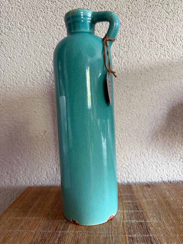 Decoratieve turquoise vaas met handvat, Antiek en Kunst, Ophalen of Verzenden