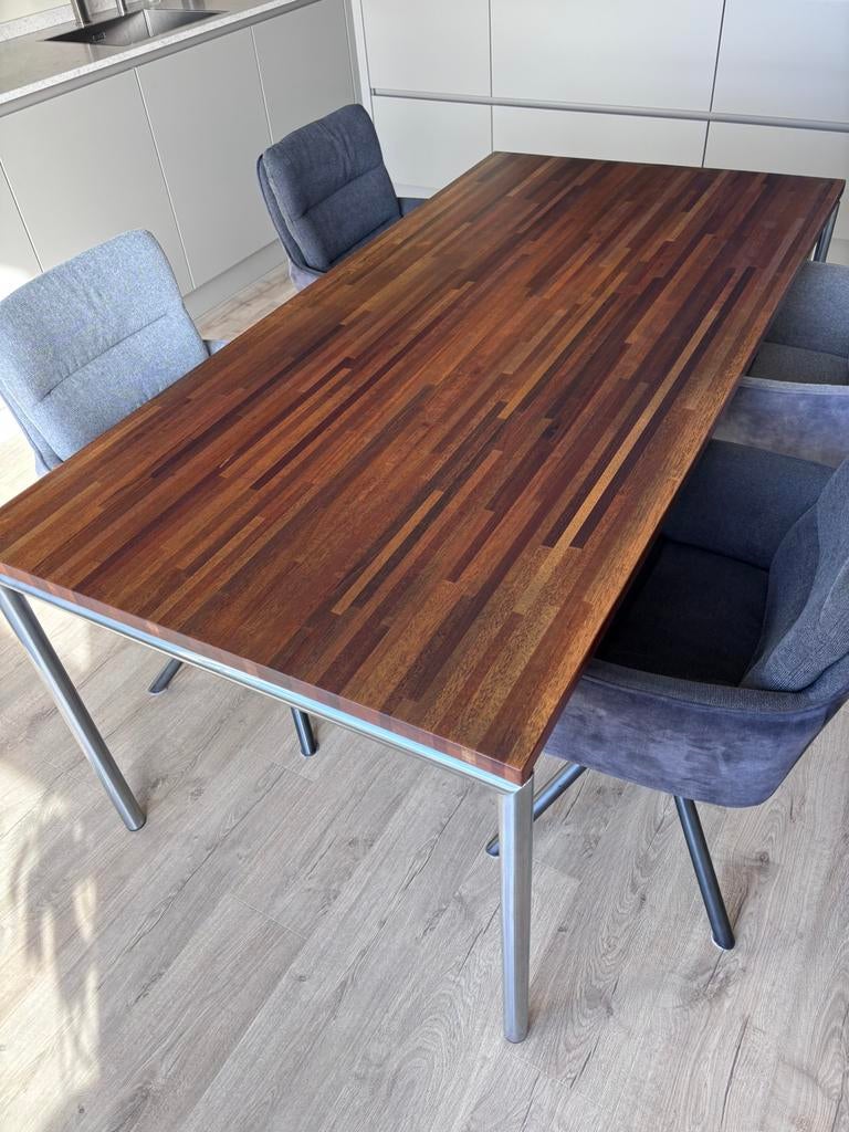 Modern houten eettafel 90x180cm met rond rvs onderstel, Huis en Inrichting, Tafels | Eettafels, 50 tot 100 cm, Zo goed als nieuw