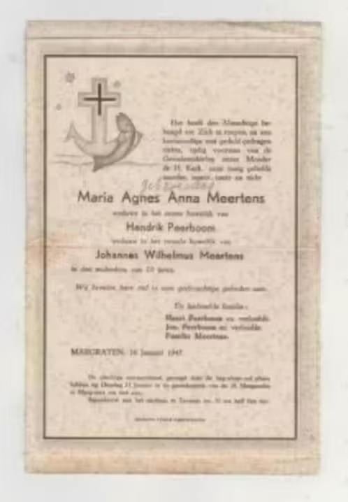 Rouwbrief Margraten Meertens Roeders Peerboom 1947., Ophalen of Verzenden, Rouwkaart