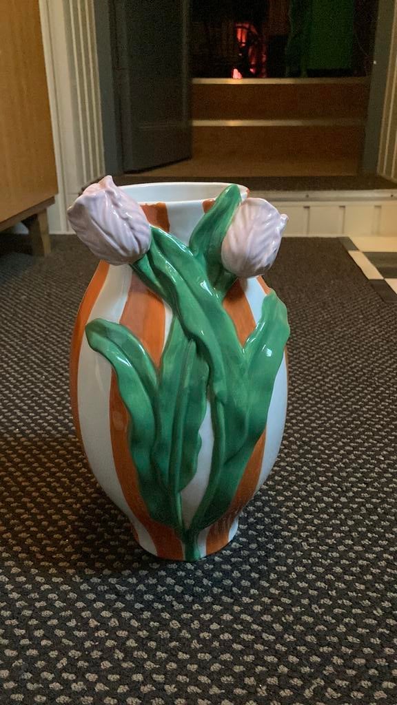Vaas met tulpen en oranje strepen, Ophalen, Nieuw, Glas, Minder dan 50 cm