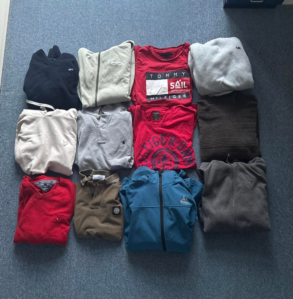 12 stuks: truien, vesten, hoodies, t-shirts en een jas., Ophalen, Gedragen, Maat 48/50 (M), Overige kleuren