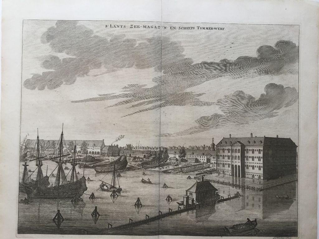 Amsterdam, Scheeps Timmerwerf, Y (Scheepvaartmuseum), 1694, Antiek en Kunst, Kunst | Etsen en Gravures, Verzenden