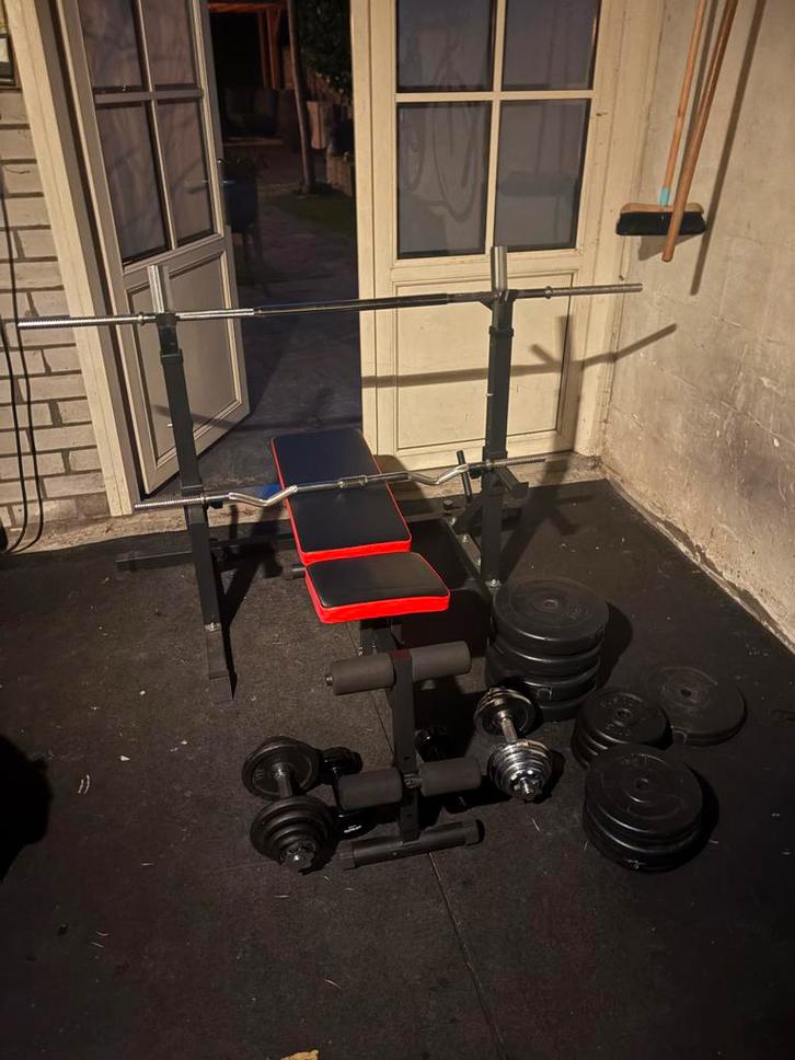 Halterrek, bankje, 15 kg dumbbels en 82,5 kg schijven, Sport en Fitness, Fitnessmaterialen, Gebruikt, Halterset, Borst, Ophalen