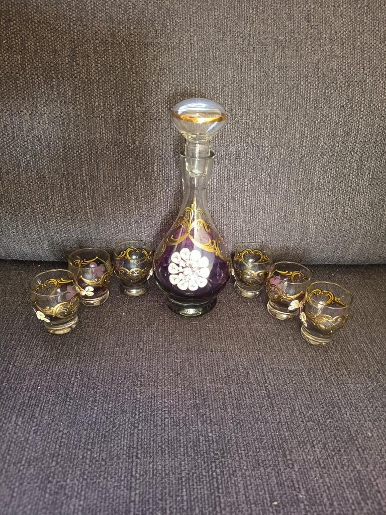 Schitterende 7-delige vintage likeurset (Boheems Glas), Ophalen