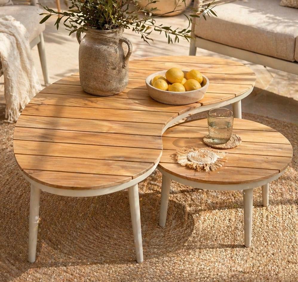 Prachtige boho japandi organische tafel set teak NIEUW!, Ophalen, Nieuw, Rond, Hout