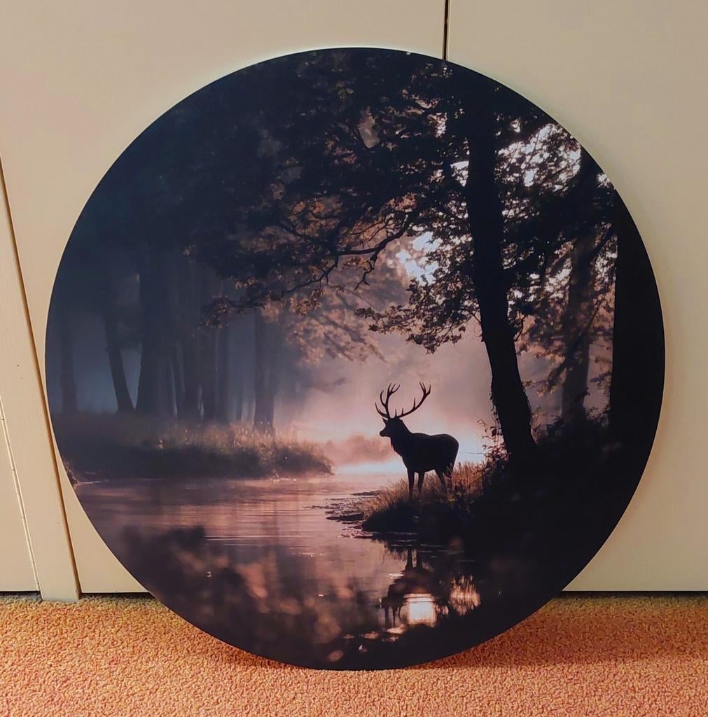 Rond Schilderij Hert bij Bosbeekje - Warme Sfeer, Ophalen of Verzenden
