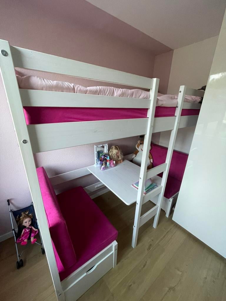 Multifunctionele Witte Hoogslaper met Treinzit / Logeerbed, Ophalen, 100 cm, Hoogslaper, Eenpersoons