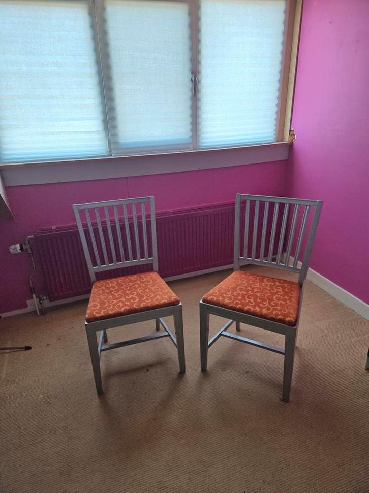 Vier eetkamerstoelen, Huis en Inrichting, Stoelen, Gebruikt, Vier, Hout, Stof, Grijs, Ophalen