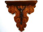 Houtgesneden console met bronzen corpus Jezus kruisbeeld, Antiek en Kunst, Ophalen of Verzenden