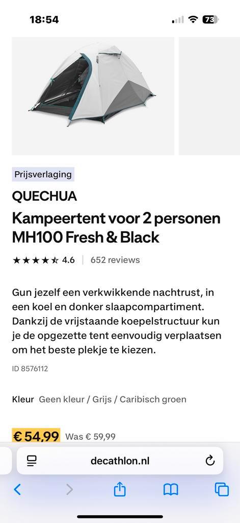 Quechua MH100 Fresh & Black 2 persoons tent, Caravans en Kamperen, Tenten, tot en met 2, Nieuw, Ophalen of Verzenden