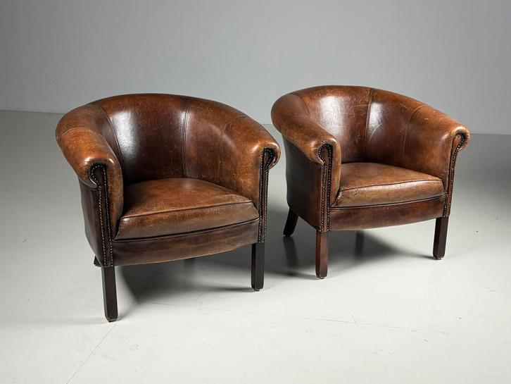 Set van 2 schapenleren clubfauteuils, Huis en Inrichting, Fauteuils, Zo goed als nieuw, Minder dan 50 cm, 75 tot 100 cm, Ophalen