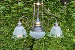 Antieke koperen lamp met geslepen glazen kapjes bloem., Huis en Inrichting, Lampen | Hanglampen, Verzenden, Zo goed als nieuw