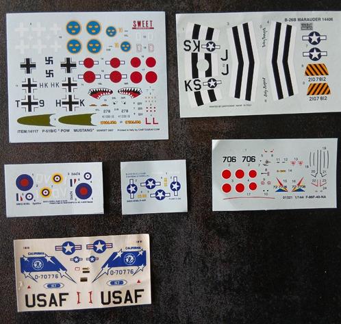 1:144 decals: B26B, F86F, Spitfire, P40E, P51B/C, USAF, Hobby en Vrije tijd, Modelbouw | Vliegtuigen en Helikopters, Zo goed als nieuw
