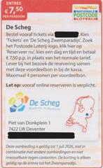 De Sheg, Deventer. Entree € 7,50 p.p. Postcodeloterij bon., Tickets en Kaartjes, Drie personen of meer, Kortingskaart