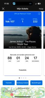 Tickets James Arthur Ziggo Dome 24/11/2025, Tickets en Kaartjes, Drie personen of meer, November
