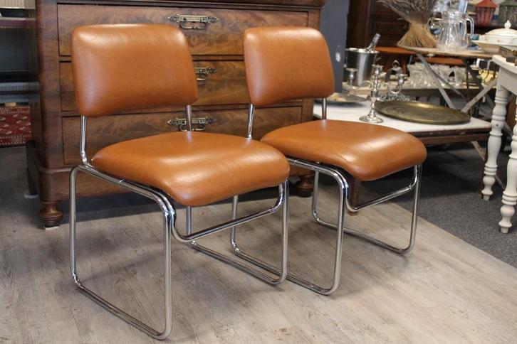 Brocante - Set schitterende Design-stoelen!, Huis en Inrichting, Stoelen, Gebruikt, Twee, Kunststof, Metaal, Bruin, Ophalen