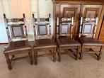 4 brocante retro vintage eetkamer Stoelen Leer eiken hout, Ophalen, Bruin, Hout, Zo goed als nieuw
